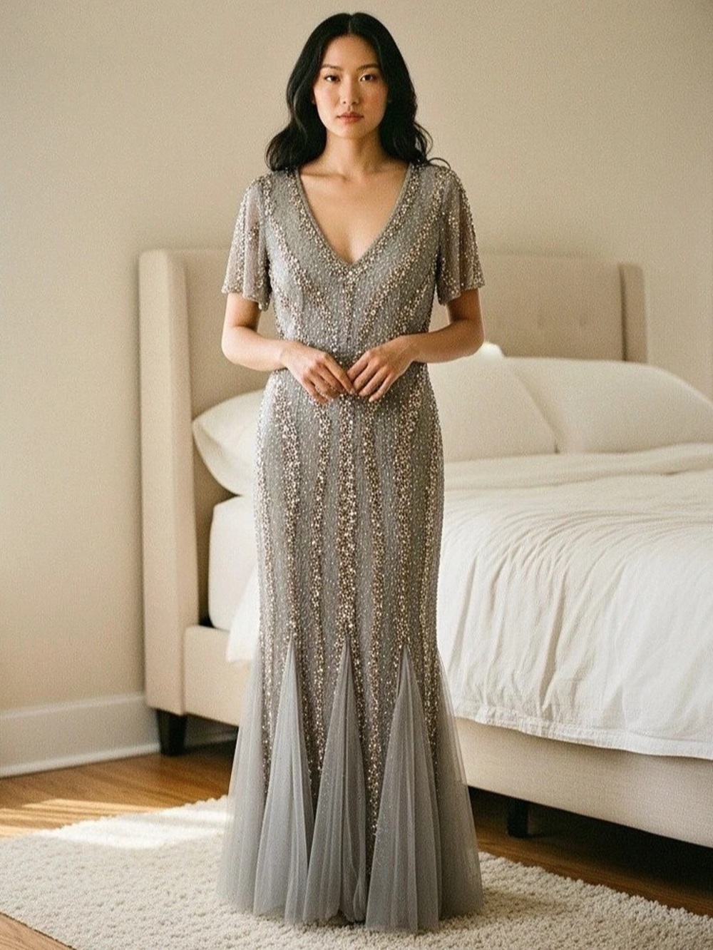Pisarro Nights  Sequin Maxi Dress in Gray Size 12